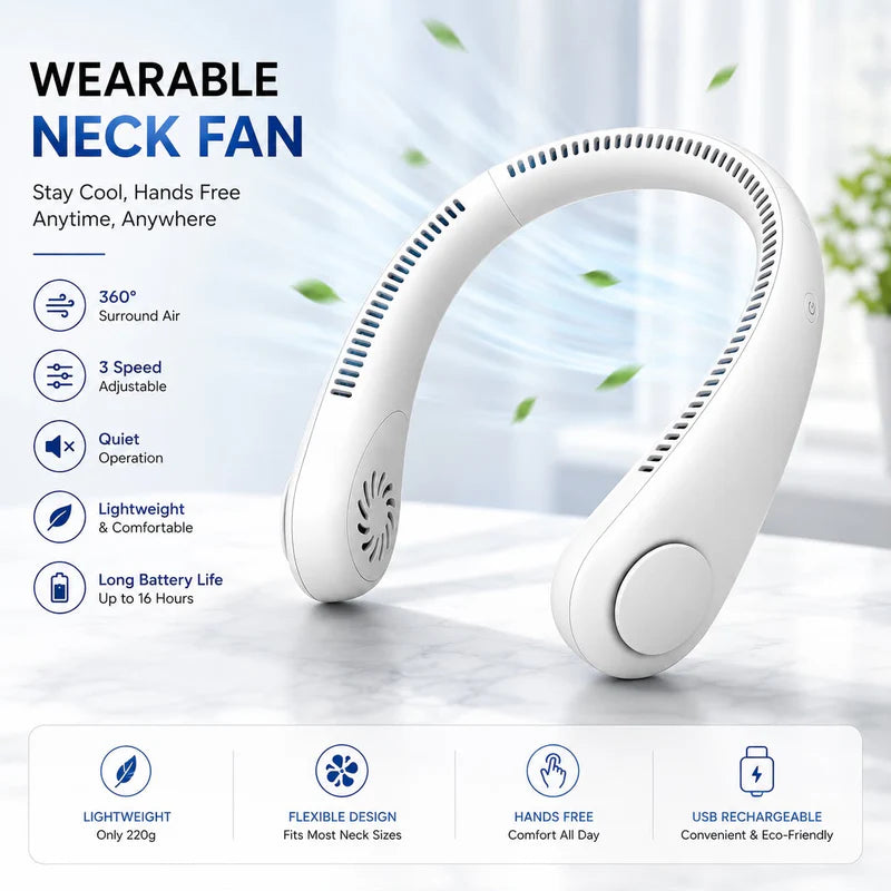 Vaneless Neck Hanging Fan – Rechargeable Hands-Free Personal Cooling Fan with 3 Speed Modes